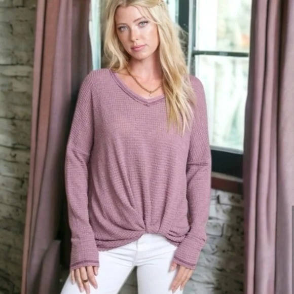 La Miel Dusty Rose Waffle Knit Long Sleeve Shirt - Picture 2 of 7